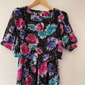 80’s Vintage J.B. Too Sheer Blouson Puff Sleeve Floral Black Dress Size 12